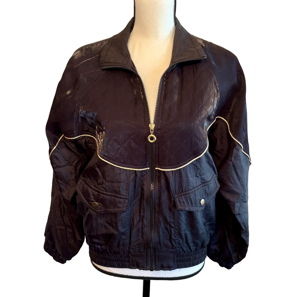 80s Vintage Preppy Black and Gold Cheer Track Jacket Women's Petite‎ Small SP